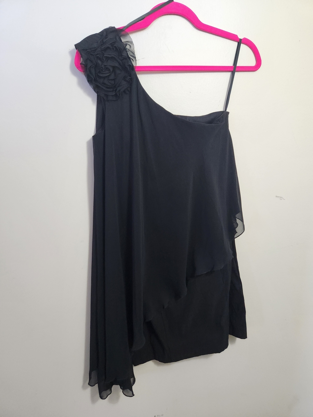 Xscape Black One-Shoulder Dress with Rosette Shoulder